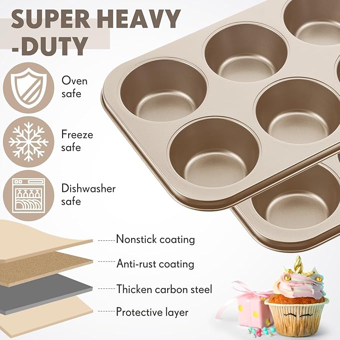 Blushtier 6 Pack Jumbo Nonstick Muffin Baking Pan Muffin Tins Heavy Duty Cupcake Tin Gold Carbon Steel Cup Cake Tray for Baking Cupcakes, Dishwasher Safe Small Muffins Tarts