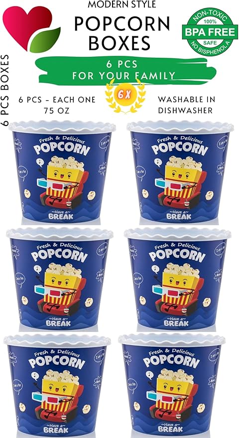 ONONEXPRESS Modern Style Reusable Plastic Popcorn Box/Popcorn Containers/Popcorn Bowls Set for Movie Theater Night - (BPA Free - 6 Pack-75 oz) (6, BLUE)
