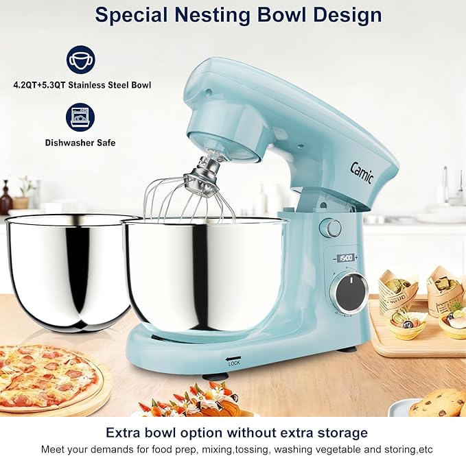 Camic Stand Mixer, 4.2QT+5.3QT Two bowls Electric Food Mixer, 10 Speeds with Digital setting 3-IN-1 Kitchen Mixer for Baking Cakes Cookie Bread Salad with Egg Whisk,Dough Hook,Flat Beater (Blue)