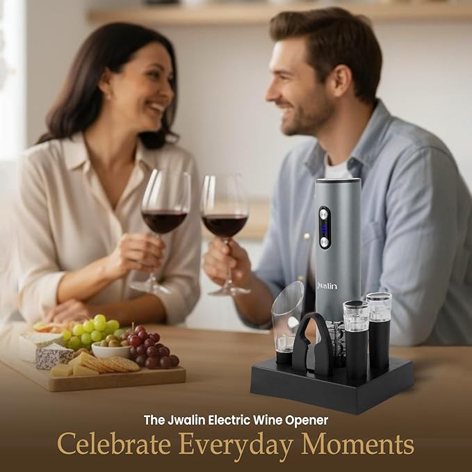 Rechargeable Electric Wine Opener Gift Set – 6-in-1 Automatic Wine Bottle Opener with Foil Cutter, Aerator Pourer, 2 Vacuum Stoppers & Base Stand – Perfect Wine Gift for Wine Lovers