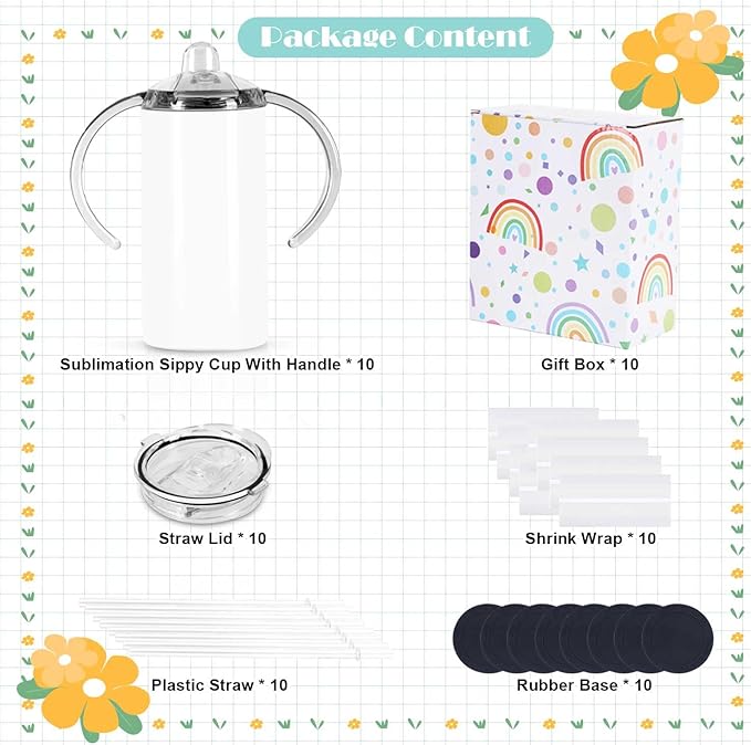 12 Oz Sublimation Sippy Cup 10 Pack, Kids Sublimation Sippy Tumblers, Stainless Steel Todder Water Bottle