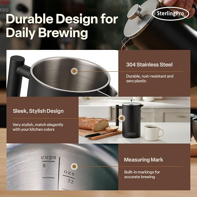 SterlingPro Stainless Steel French Press Coffee Maker 1.75 L (59 oz) Black – Double Walled Insulated Extra Large French Press, Durable Design Keeps Drinks Hot, Easy to Use and Clean for Rich Flavor