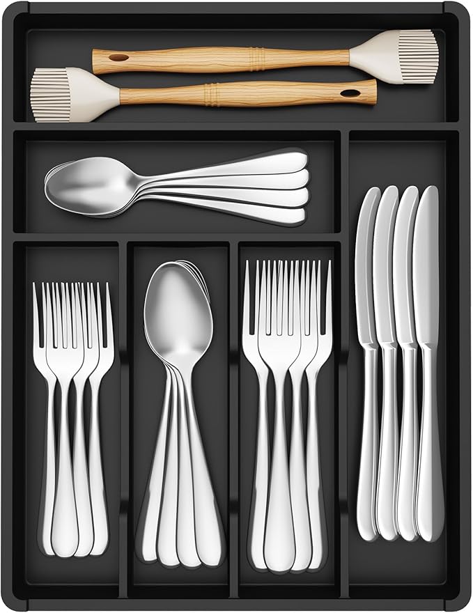 Lifewit Silverware Drawer Organizer Tray, Plastic Cutlery Storage for Kitchen, Flatware and Utensil Holder Divider for Spoons Forks Knives Tableware, 12.3 x 16", 6 Slots, Black