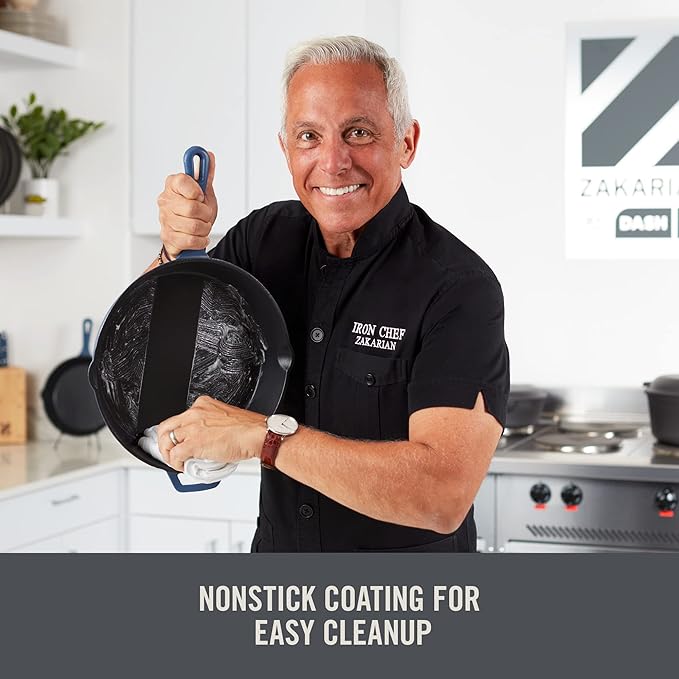 Zakarian x Dash Nonstick Cast Iron Grilling and Roasting Pan - Oven-Safe Cookware - Titanium Ceramic Nonstick Coating - Great for Roasting Veggies, Meats, and More - Blue, 11-Inch