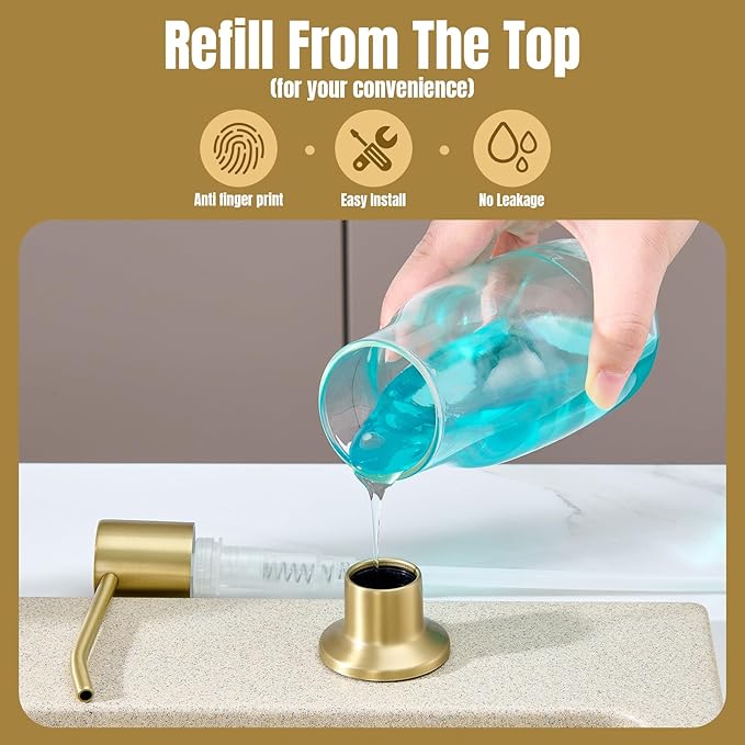 Built in Soap Dispenser for Kitchen Sink Countertop, Brushed Gold Stainless Steel Soap Dispenser Pump Head Refill from the Top with 11 Ounce Transparent Soap Bottle