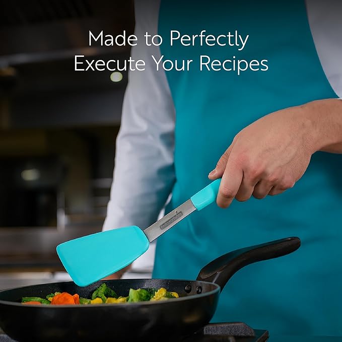 Restaurantware Comfy Grip 12 x 3 Inch Silicone Turner 1 Durable Cooking Turner - Stainless Steel Body Rubber Handle With Hole Black Silicone Flipper Spatula Tolerates Up To 446F Dishwashable