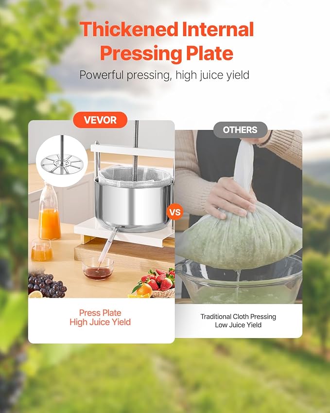VEVOR 3.17 Gal/12L Fruit Wine Press, 2 Stainless Steel Barrels, Manual Juice Maker, Cider Apple Grape Tincture Honey Olive Oil Making Press with Triangular Handle for Outdoor Kitchen Home
