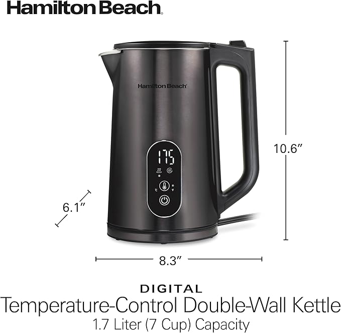 Hamilton Beach Digital Temperature Control Electric Tea Kettle, Hot Water Boiler & Heater 1.7L, 5 Preset Modes + Keep Warm, Fast Boil 1500 Watts, BPA Free, Double Wall Construction, Black (40851)