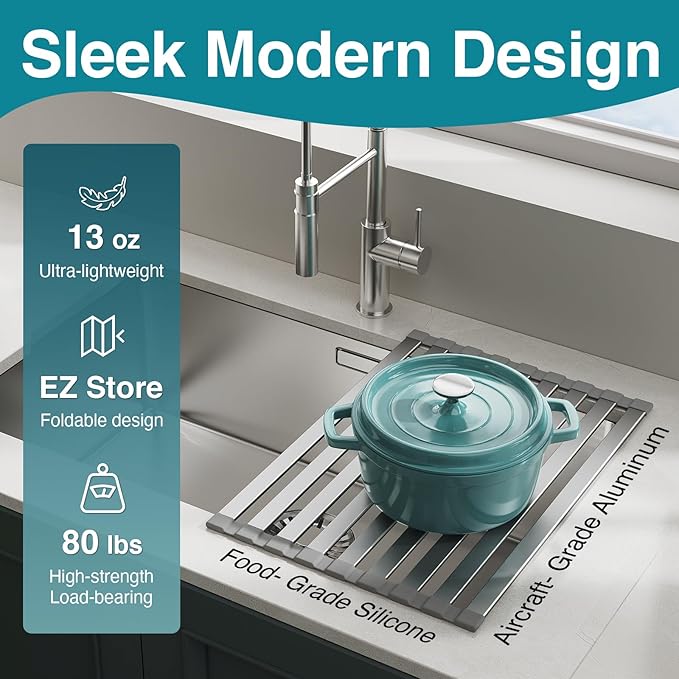 COOL-ANGLE Aluminum Roll Up Dish Drying Rack Over The Sink, 17.7" x 13.4" Rust-Proof Foldable Dish Drainer Mat, Heat Resistant Trivet & Kitchen Sink Cover, Fits Sinks up to 16.8" Wide, Matte Gray
