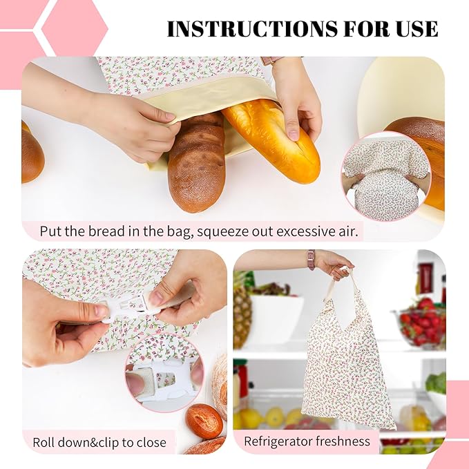 2 Pack Beeswax Bread Bags - 17x13 Inch Reusable Bread Storage Bags,Bees Wax Lined Bread Bags for Home Cooks fresh bread storage Easy Clean (Pink Floral)