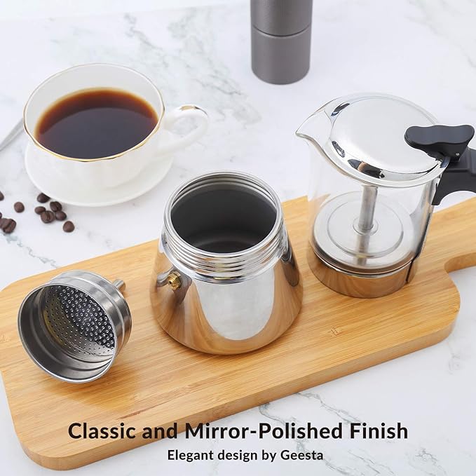 Geesta Premium Crystal Glass-Top Stovetop Espresso Moka Pot - 4/6/ 9 Cups - Stainless Steel Coffee Maker- 160ml/5.6oz/4 cup (espresso cup=40ml)