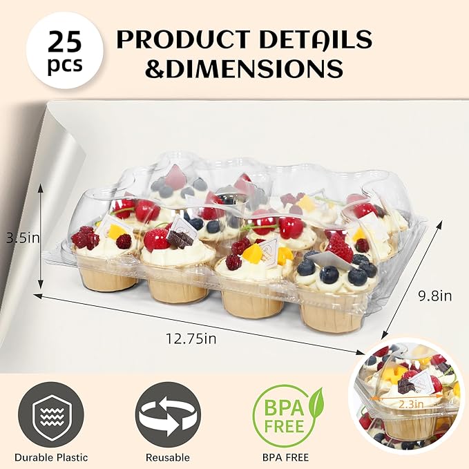 WIKDAY 12 Count x 25 Sets Plastic Cupcake Containers, Durable and BPA-Free Cupcake Holder with Lid for Easy Transport Storage, Stackable Clear Cupcake Carriers, Reusable Dessert Boxes
