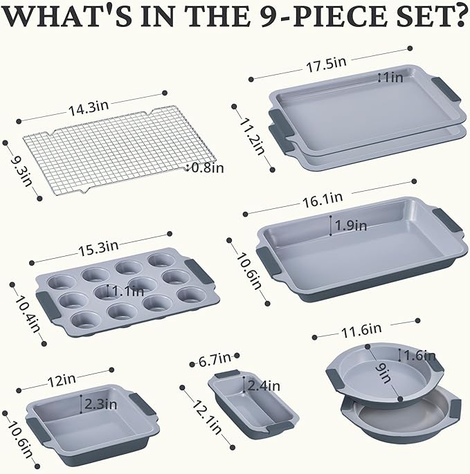 BRONYPRO Nonstick Ceramic Bakeware Set (9 Pieces),Heavy Duty Aluminized Steel Bakeware - Baking Set with Silicone Handles,Includes Sheet Pans,Loaf Pan,Muffin pan,Cake pans,PTFE & PFOA Free - Blue Gray