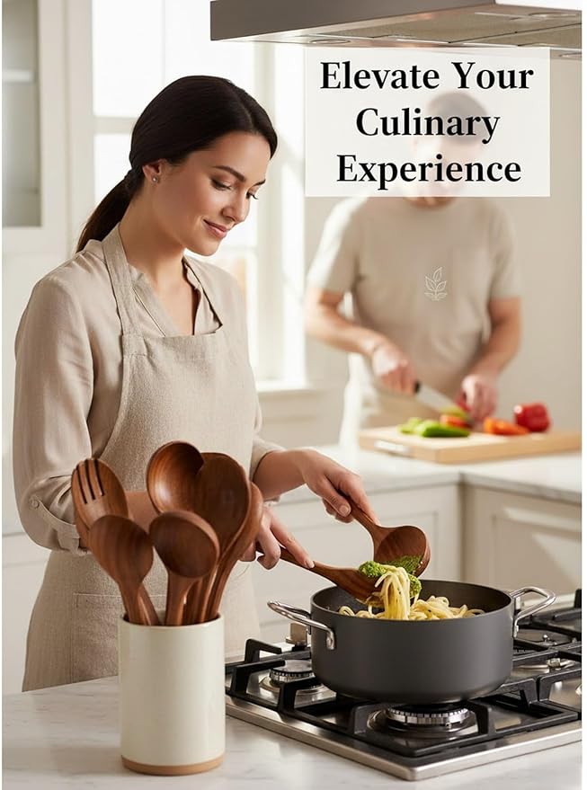 Natural Teak Wood Kitchen Utensil Set - 8 Piece Non-Stick Cooking Spoons & Spatulas, Heat Resistant & Eco-Friendly, Durable Wooden Tools for Nonstick Cookware
