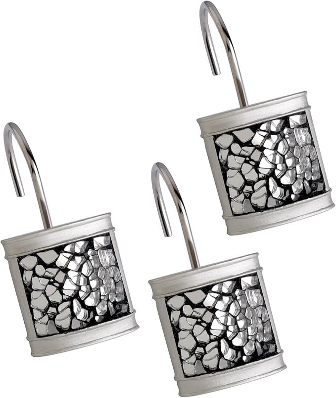 Creative Scents Crackled Glass Shower Curtain Hooks Decorative Set of 12 Silver Shower Curtain Rings for Bathroom Shower Rod - Elegant Crackled Glass Silver Bathroom Accessories