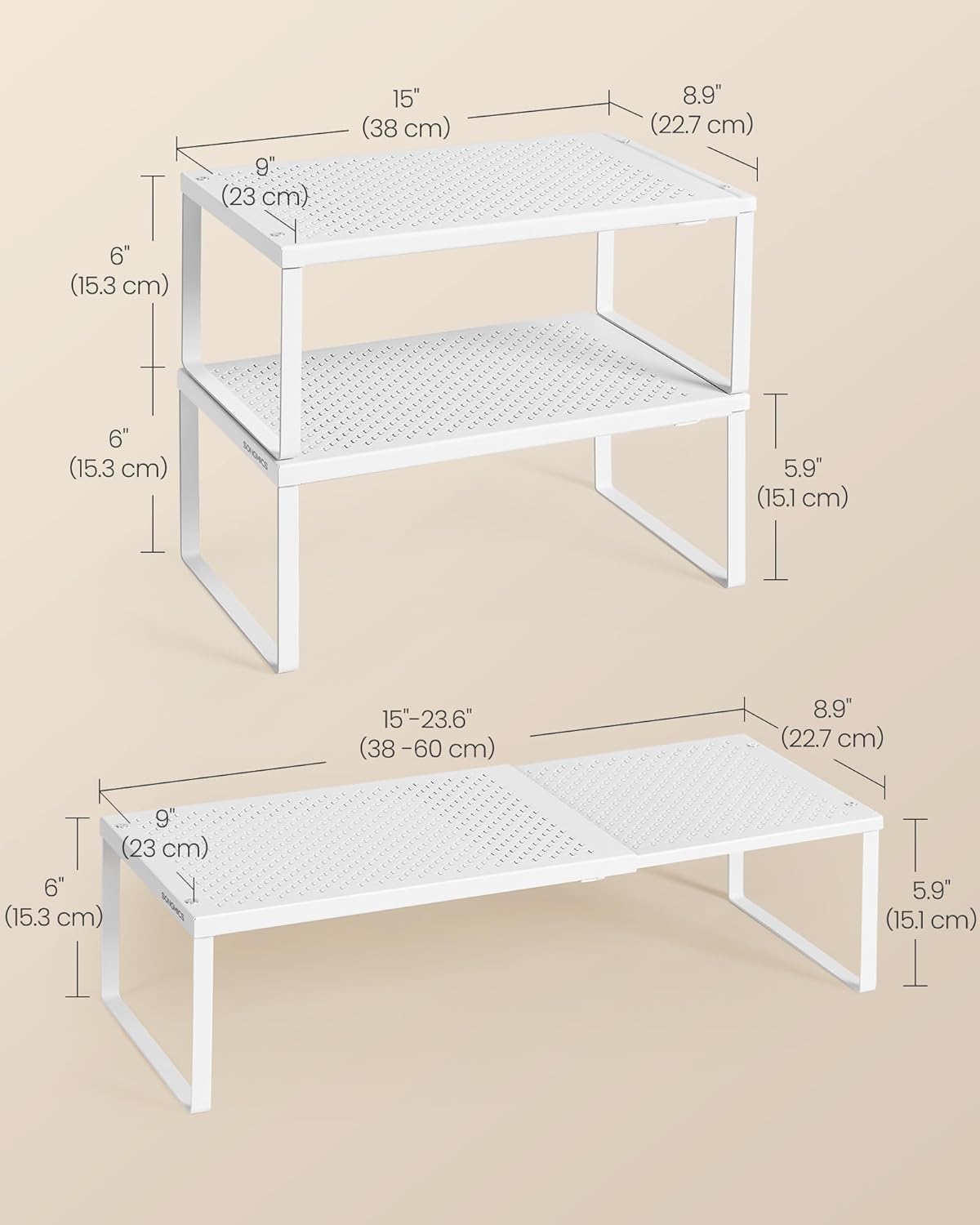 SONGMICS Set of 2 Expandable Pantry Kitchen Organizers, Adjustable Spice Rack, Stackable Cabinet Organizers, Metal, Space-Saving Tabletop Shelves, Matte White UKCS402W01