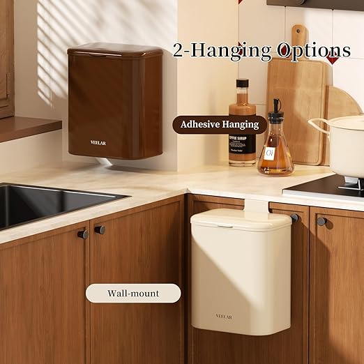 Space Saving Hanging Small Trash Can for Kitchen Cabinet, Bathroom or Office (Coffee, 2.1 Gallon (8L))