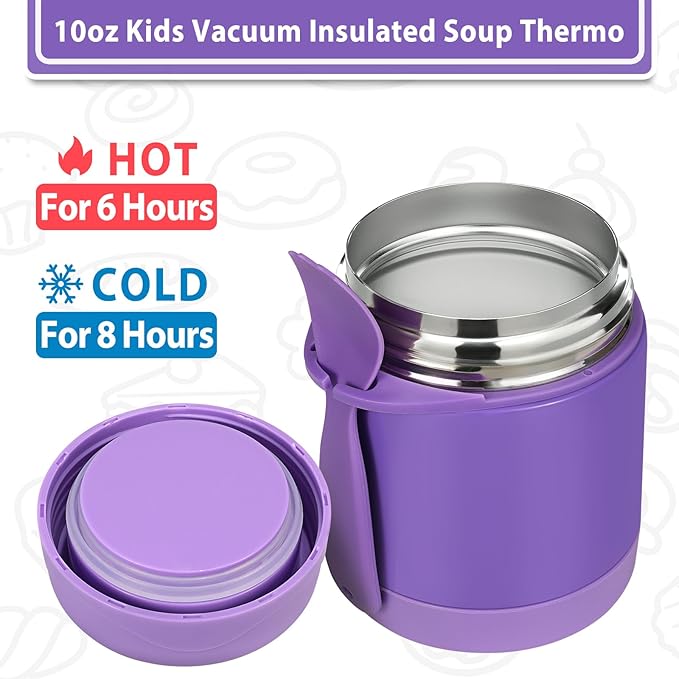 Howeemo 10oz Soup Thermo for Hot Food Kids, Insulated Food Jar with Spoon, Leak Proof Stainless Steel Wide Mouth Lunch Food Thermo Jar for School (Purple)