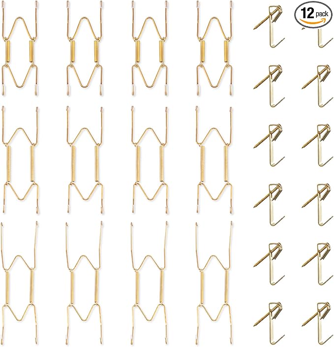 Bilillo 12 Pieces Invisible Wall Plate Hangers 4/6/8 Inches Wall Plate Hangers Stainless Steel Decorative with 12 Pieces Hook with Nails Suitable for 4-10 inch Decorative Antique and Arts(Gold)