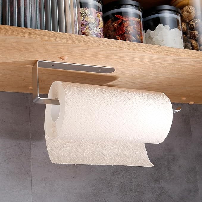 Self Adhesive Paper Towel Holder Under Cabinet Mount, 304 Stainless Steel Wall Mount Paper Towel Roll Rack for Kitchen Cabinet, Bathroom (Silver)