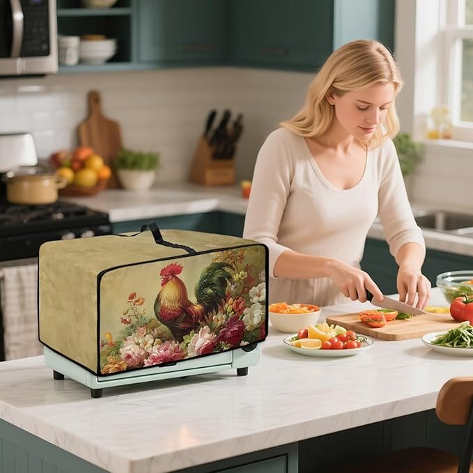 Air Fryer Toaster Oven Dust Cover Dust Protection Countertop Convection Oven Cover Stain-resistant Kitchen Appliance Protector, L, Chicken Rooster Vintage Floral
