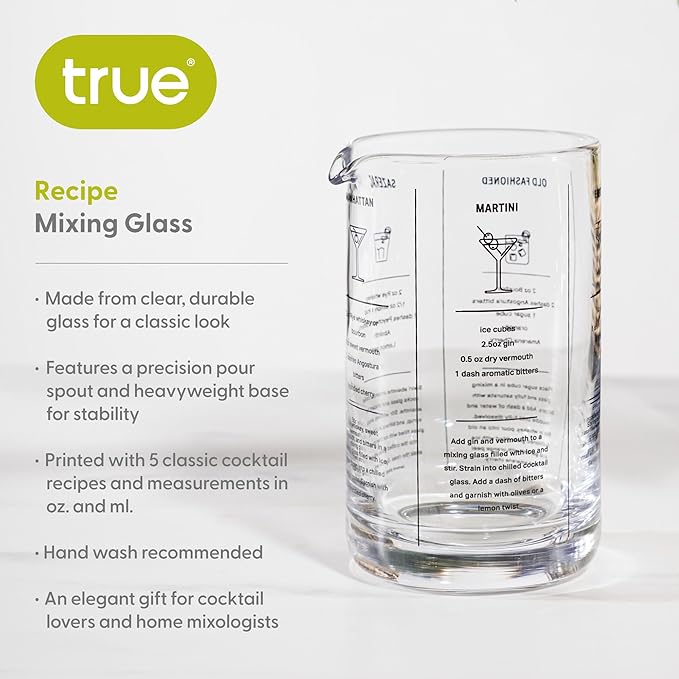 True Recipe Mixing Glass, Cocktail and Bar Tools with Thick Base, Pour Spout, and 5 Printed Recipes, 17 Oz