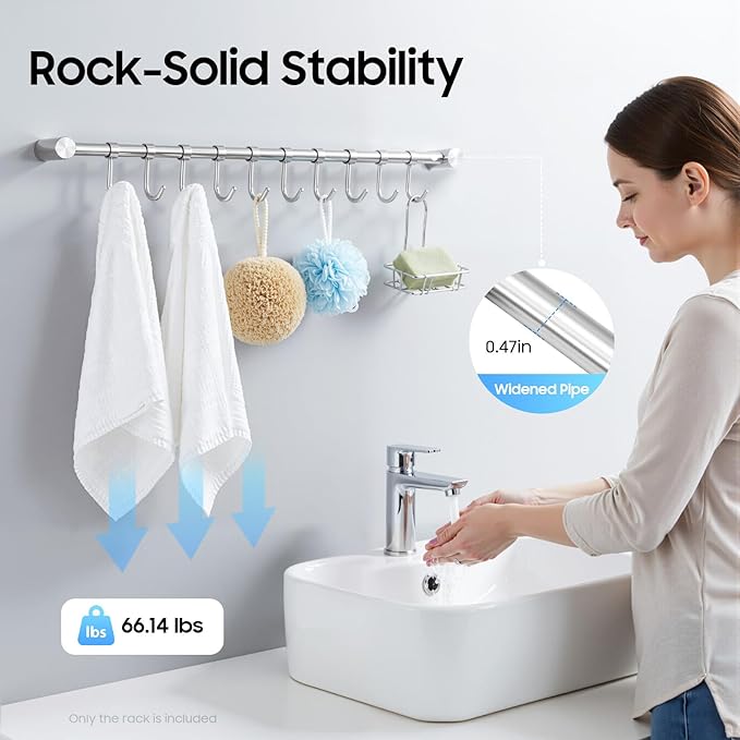 Kitchen Hanging Racks, 304 Stainless Steel 20 Inch Rail Utensil Storage Hanger with 10 Pcs Noiseless Sliding Hooks, Wall Mounted Rod Holder for Pots Pan Spatula Spoon Cookware Mug Cup