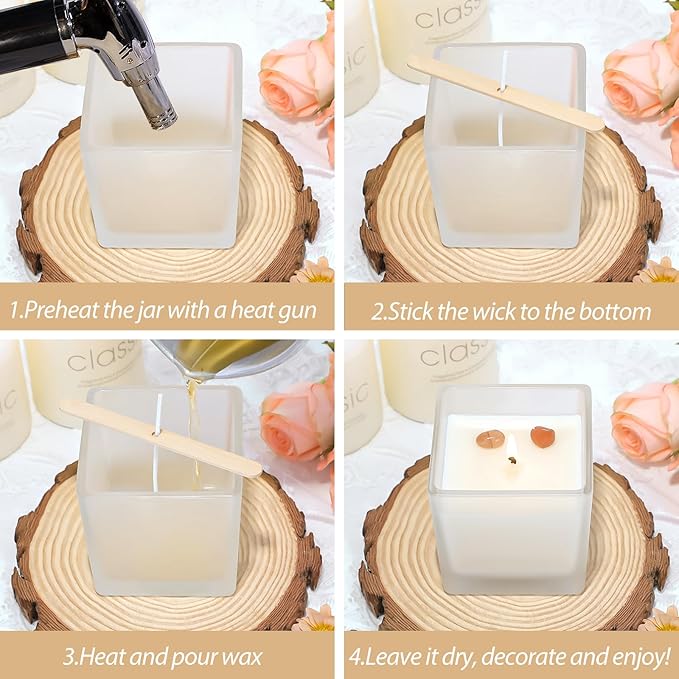 CONNOO 12 Pack 9 OZ Frosted Square Candle Jars for Making Candles, Thick Glass Bulk Empty Candle Containers with Airtight Bamboo Lids for Candle Making, Sticky Warning Labels - Dishwasher Safe