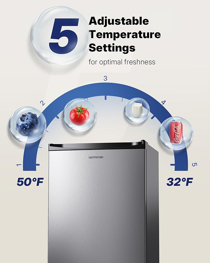 Upstreman 3.2 Cu.Ft Mini Fridge with Freezer, Single Door Compact Refrigerator, Adjustable Thermostat, Small Refrigerator for Dorm, Bedroom, Office, Stainless Steel-SR321