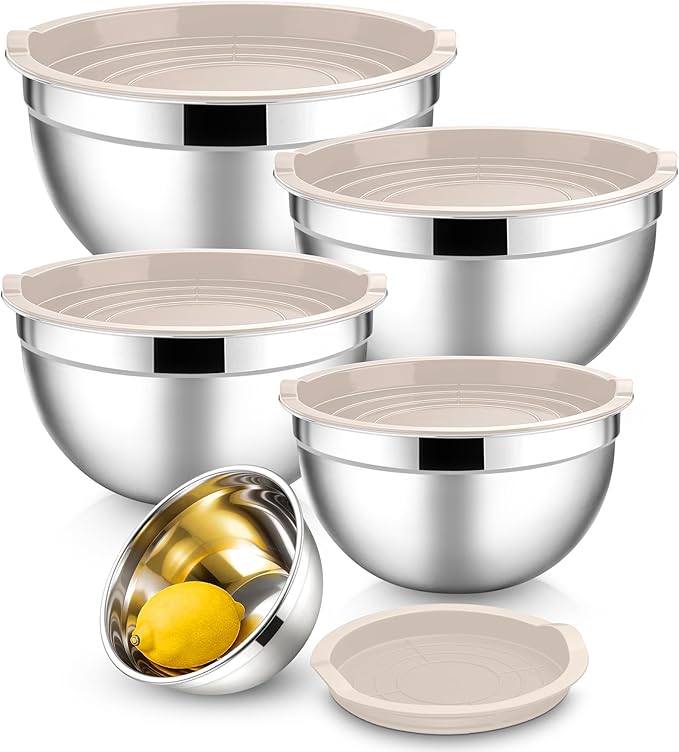 E-far Mixing Bowls With Lids Sets of 5, 10-Piece Stainless Steel Salad Metal Nesting Bowl for Baking Cooking and Prepping, Airtight Lid & Stackable Design, Size 4.6, 3, 2.1, 1.5, 0.7 QT, Khaki