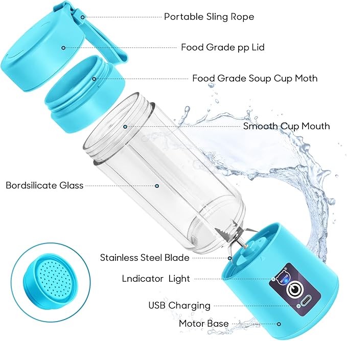 MIAOKE Portable Smoothie Blender, Personal Mini Juice Blender with Six Blades in 3D, USB Rechargeable Juicer Cup for Home/Office/Outdoors (Blue)