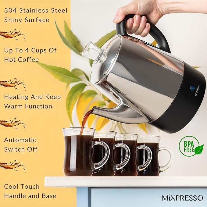 Mixpresso Small Electric Percolator Coffee Pot 4 Cup Stainless Steel - Coffee Percolator Electric with Keep Warm Function - Auto Shut-Off for Safe Daily Brewing