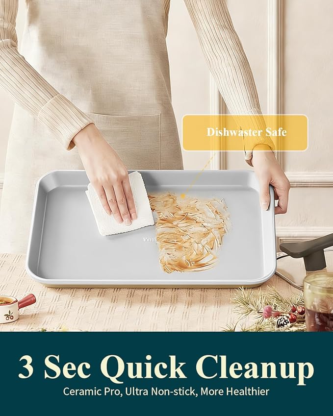7PCS Ceramic-Coated Baking Sheet Set - 10x15in Jelly Roll Pan Non-Stick Cookie Sheet with Wire Rack, Silicone Spatula & 4 Cookie Cutters, PFAS Free, Oven Safe (550°F), Sunshine Cream