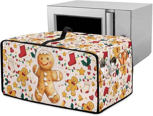 Countertop Convection Oven Cover Dust-Proof Toaster Oven Cover with Accessories Pockets, Countertop Convection Oven Protector, M, Gingerbread Man Christmas String Lights