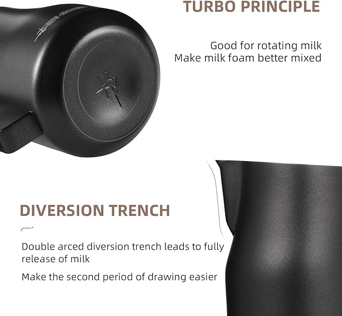 MHW-3BOMBER Milk Frothing Pitcher 450ml/15.2oz Milk Frother Cup Espresso Steaming Pitcher Stainless Steel Milk Frother Cup Barista Latte Art Round Spout Milk Jug P6005MB