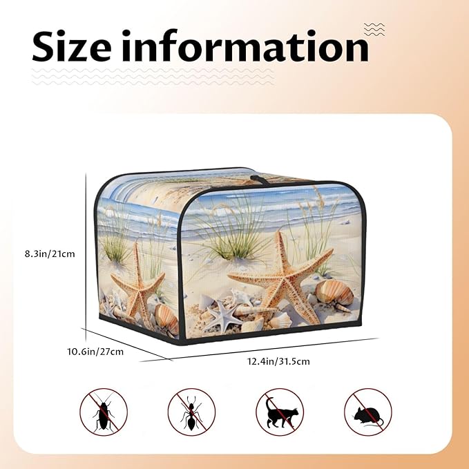 Toaster Cover 4 Slice Watercolor Starfish Seashell Beach Waterproof Appliance Cover with Hang Loop Bread Baker Toaster Cover for Kitchen