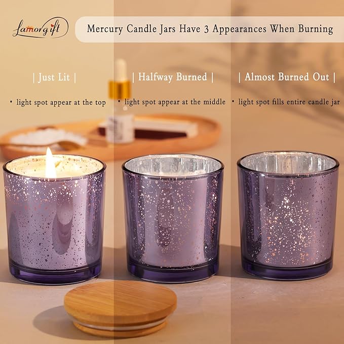 LAMORGIFT 15 Pack Glass Candle Making Jars with Lids (8oz, Purple) - Candle Containers for Making Candles - Mercury Glass Candle Jars Include 20 Pcs Candle Labels