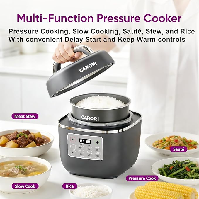 Carori 8-in-1 Electric Pressure Cooker, Compact 3 QT All-in-1 Multi-Cooker with Ceramic Pot, Saute, Slow Cook, Rice, Stew, Delay Start, Keep Warm & Safe Vent, Gray