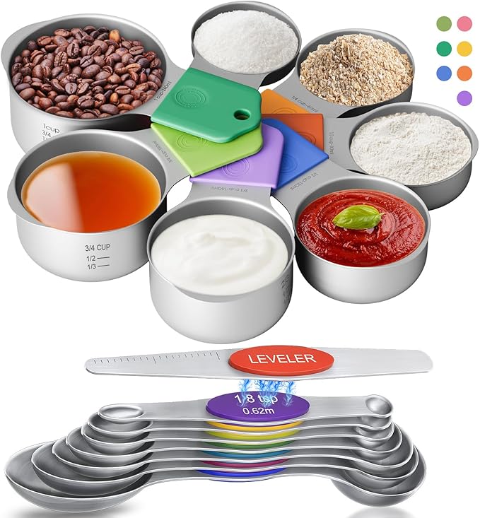 Magnetic Measuring Cups & Spoons Set|304 Stainless Steel Dual Scale Set of 23, Strong N52 Magnetic Nesting Design with Leveler, for Dry&Liquid Ingredients, Dishwasher Safe(Colorful)
