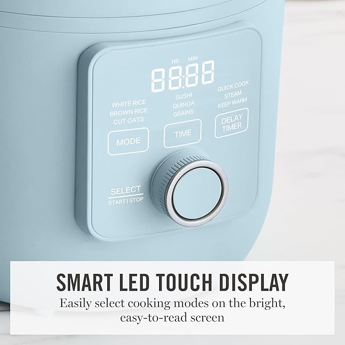 Martha Stewart Rice Cooker, 4 Cup (Uncooked) / 8 Cup (Cooked), Ceramic Non-Stick Removable Pot, Keep Warm, Measure Markings, Steam Basket, Brown & Sushi Rice, Quick Cook, Quinoa, Grains, Oats, Sky Blue