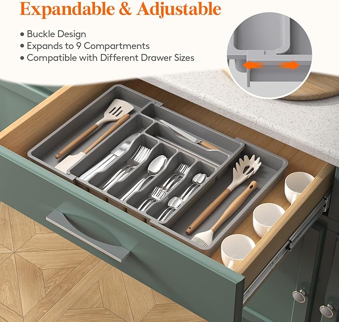 Lifewit Utensil Organizer for Kitchen Drawer, Expandable Cooking Silverware Tray, Adjustable Cutlery Flatware Holder, Plastic Spatula Tools Storage Divider, 13-22.4 x 15", Gray