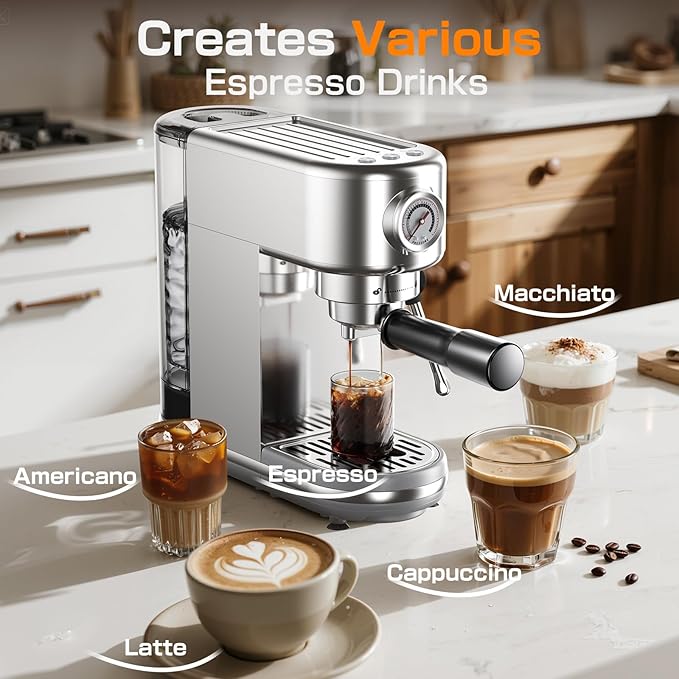 atatix Espresso Machine, 20 Bar Compact Espresso Coffee Machine with Milk Frother, Stainless Steel Coffee Maker with 44oz Removable Water Tank & Fast Heat System for Cappuccino, Latte
