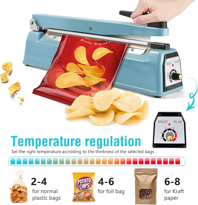 METRONIC Impulse Sealer 12 Inch, Heat Sealer Machine with Repair Kit, Manual Bag Sealer, Heavy Duty Impulse Heat Sealer for Plastic Bags, Shrink Wrap Bag (Blue)