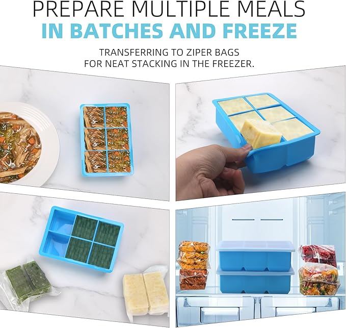 1/2-Cup & 2 Tbsp & 1 Tbsp Silicone Freezer Molds - Perfect for Storing Garlic, Herbs, Ginger, Pesto, Tomato Paste, Freezing Soup,Stews,Sauces,Purees and More - Silicone Food Freezer Tray(Blue 6 Pack)