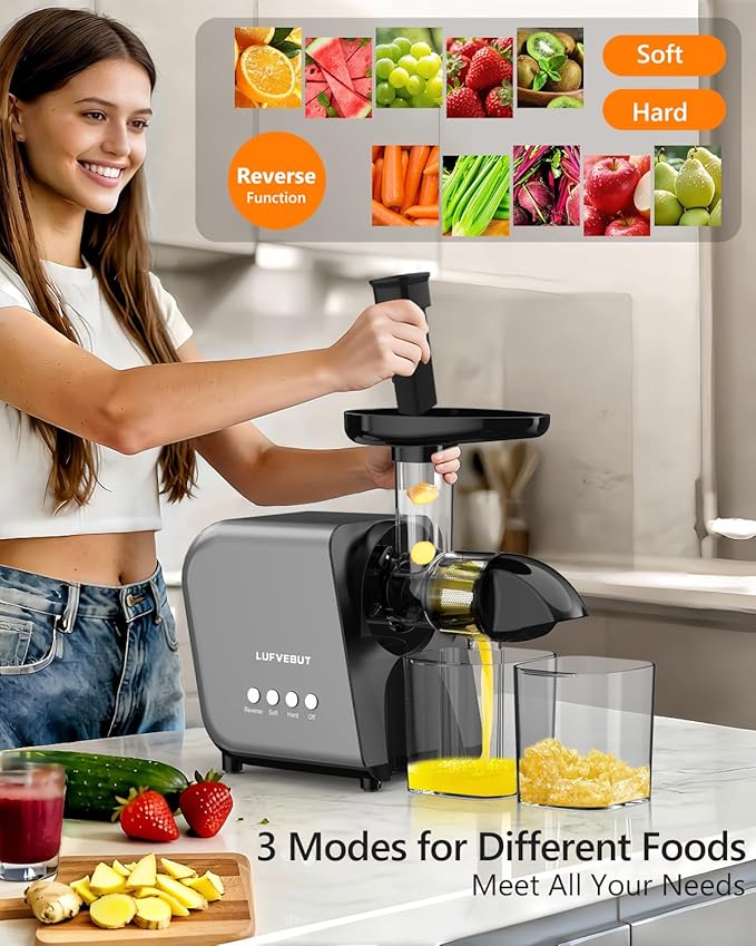 Cold Press Slow Juicer for Fruits & Vegetables Celery Carrot Ginger, Masticating Juicer Machine Soft Hard Mode, Reverse Function,250W Motor, Easy To Clean, Fresh Orange Juice Extractor