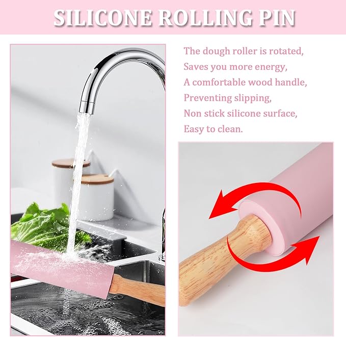 3Pcs Silicone Rolling Pin for Baking Sets,15Inch Pastry Dough Roller with Wooden Handle Silicone Mat and Brush, Non Stick Surface Rolling Pins for Dough Cookie Baking Supplies Kitchen Accessories