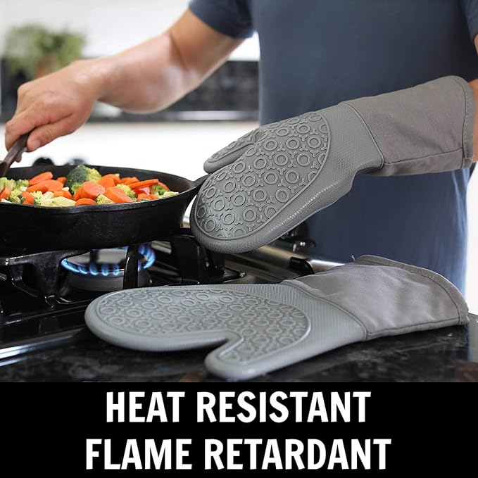 BPA-Free Soft Silicone 4 Piece Oven Mitts & Trivets Set - Ultra Heat Resistant Oven Mitts with Thick Cotton Liner - Long Slip Resistant Pot Holders, Flexible Oven Gloves - Gray