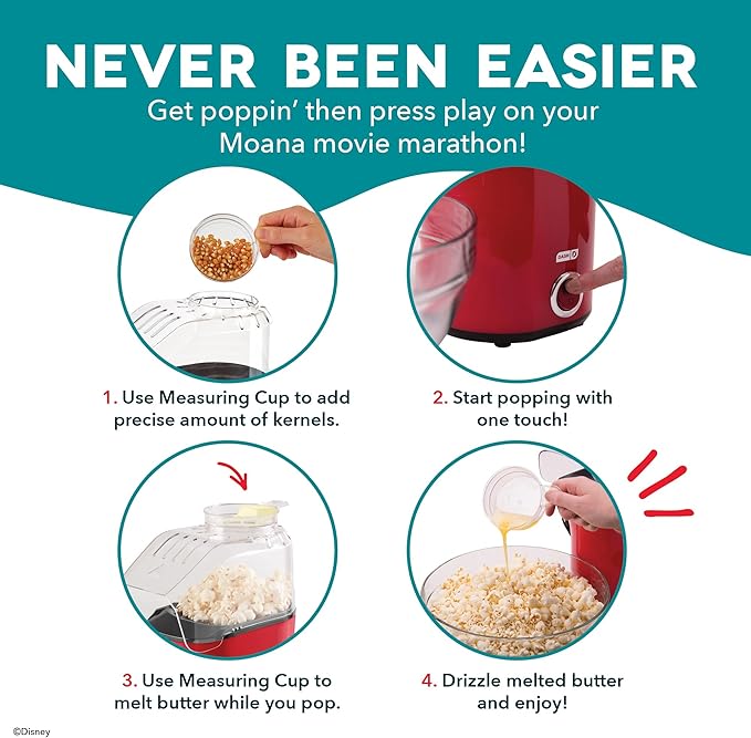 Disney Dash Fresh Pop Popcorn Maker - Oil-Free, Air Popcorn Popper - With Measuring Cup & Recipe Guide - Perfect for Movie Nights - 16 Cups, Moana