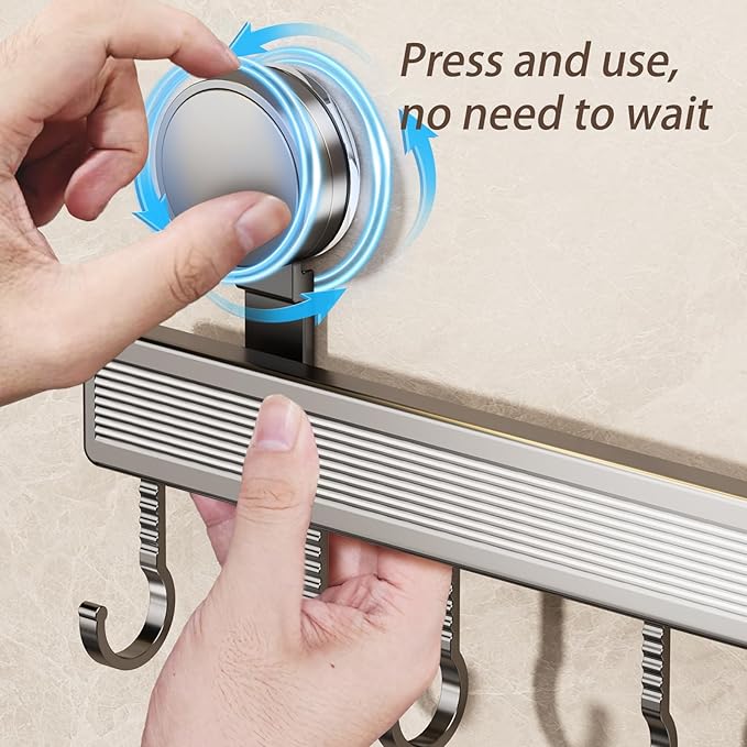 8 Hooks Aluminum Kitchen Rack, No Drilling Wall Mount, Strong Adjustable Suction Cup Hooks for Organizing Kitchen Utensils, Spatulas, Mugs, and Cutlery (Grey, 40cm)