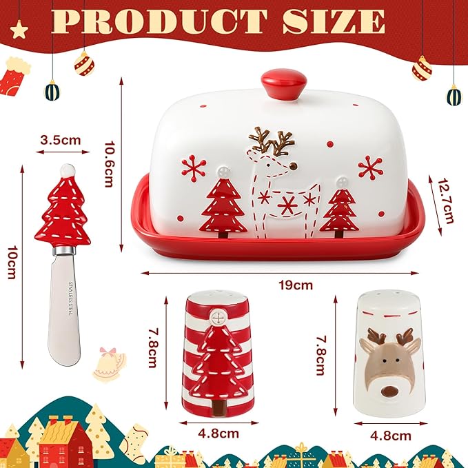 Ziliny 4 Pcs Christmas Dishes Set Include 1 Ceramic Elk Butter Dish with Lid 2 Salt and Pepper Shakers and 1 Christmas Tree Cheese Spreader with Stainless Steel Blade for Winter Festive Dinner Gift